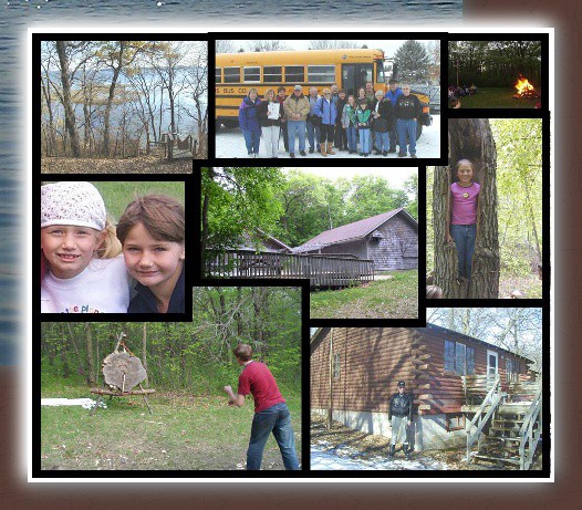 A collage of outdoor camp scenes at Smokey Timbers Campground: kids pose by a lake, with a school bus, near a bonfire, and in front of cabins; two kids smile; one climbs a tree; another throws at a target; group stands on cabin steps.