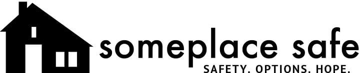 Logo with a black silhouette of a house next to the words “Someplace Safe Thrift Shop” in bold text. Below, in smaller text, it reads: “SAFETY. OPTIONS. HOPE.”.