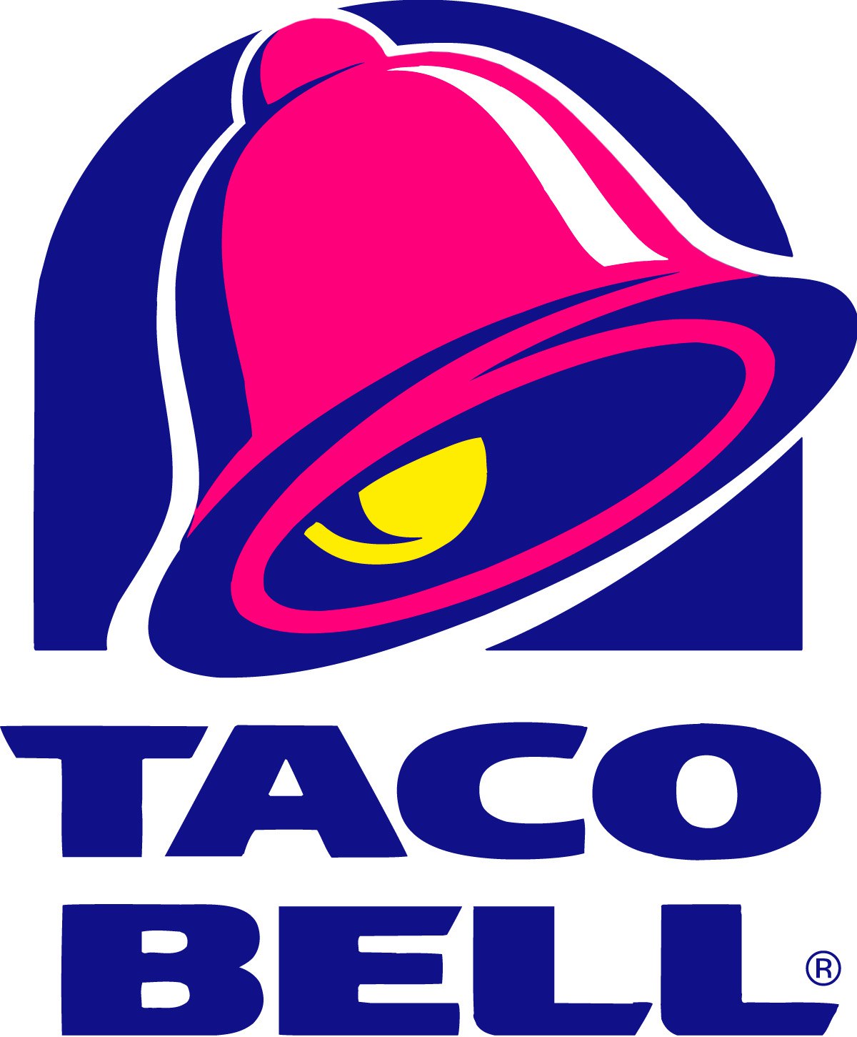 Taco Bell logo featuring a stylized pink and yellow bell inside a blue arch, with the bold blue “Taco Bell” name displayed below.