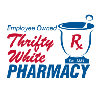 Logo for Thrifty White Drug Pharmacy featuring "Employee Owned" above the name, a mortar and pestle illustration with "Rx" inside the pestle, and "Est. 1884" at the bottom.
