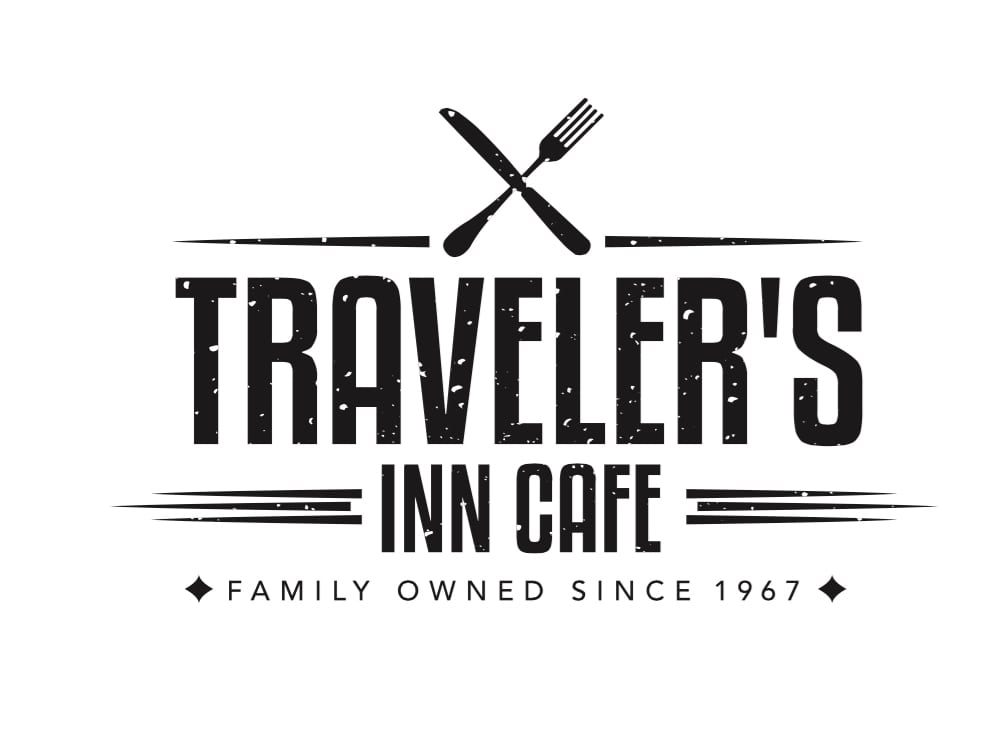 Logo for Traveler's Inn Cafe featuring a crossed fork and knife above bold, vintage-style text. Below, "Family Owned Since 1967" is highlighted with decorative lines and diamond shapes, embodying the welcoming spirit of Traveler's Inn Cafe.