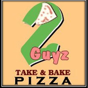 Logo for 2 Guyz Take & Bake Pizza featuring a large green number 2 with a slice of pizza inside the top curve, and the words "2 Guyz Take & Bake Pizza" in bold lettering below.