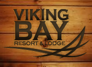 Logo for Viking Bay Resort & Lodge, featuring bold black text on a wooden background with abstract black swoosh lines below the Viking Bay Resort name.
