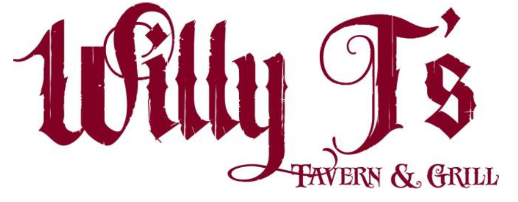 Logo with ornate red text reading "Willy T’s Tavern & Grill" on a white background. The stylized font features dramatic, decorative flourishes that reflect the inviting character of Willy T's.