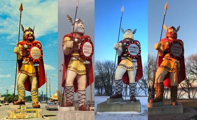 Four side-by-side photos show a large Viking statue—celebrating Big Ole through the years—in various settings, holding a spear and shield, wearing a horned helmet, red cape, and yellow tunic against urban or snowy, tree-filled backgrounds.