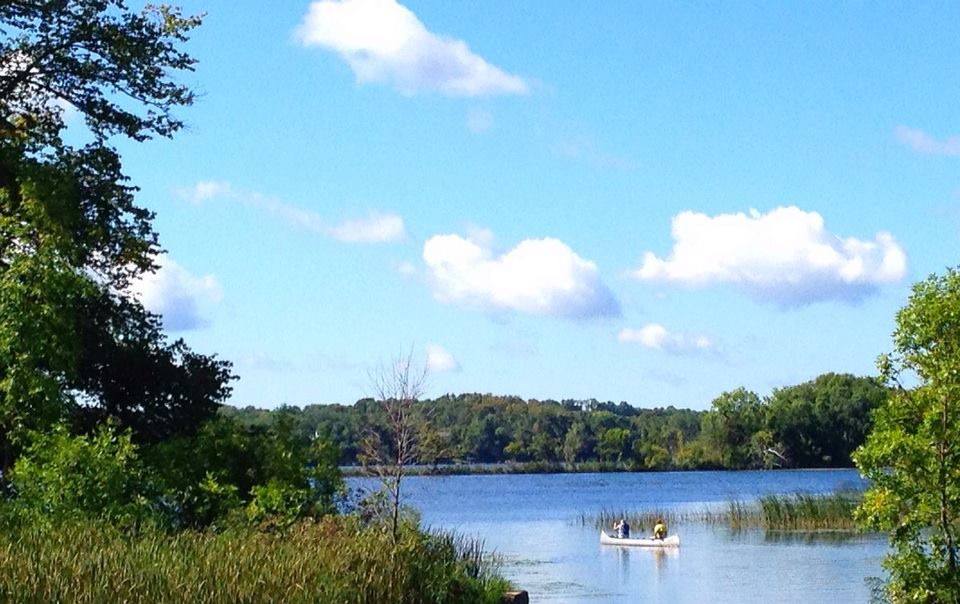 A small canoe with people paddling on a calm lake, surrounded by green trees and reeds showing the beginnings of autumn under a bright blue sky with scattered white clouds.