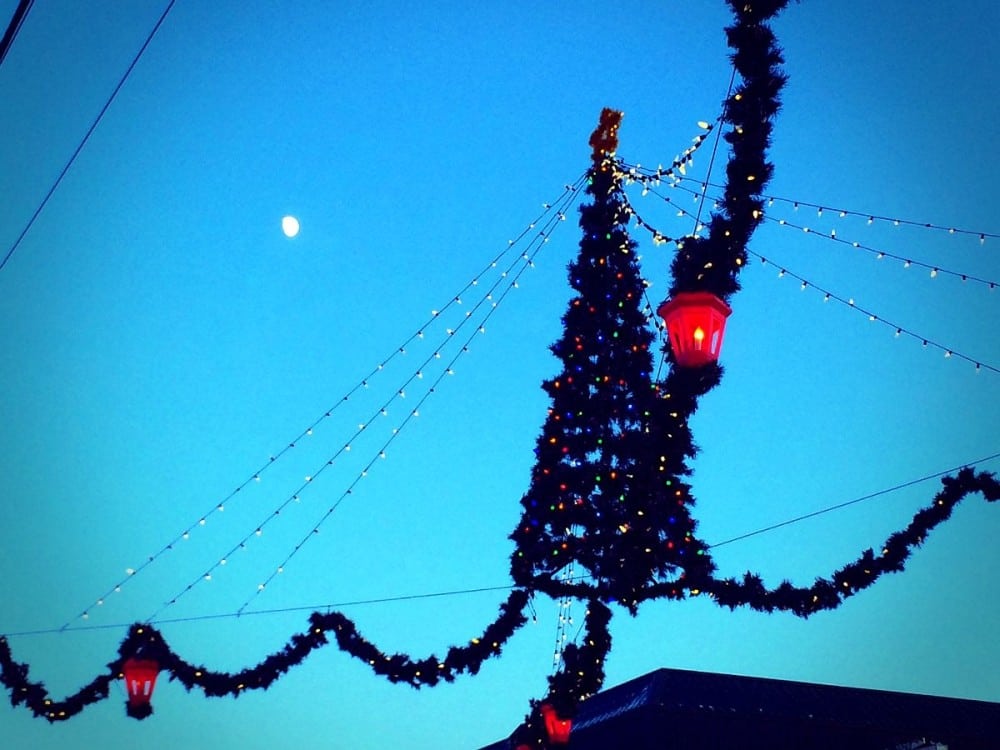 A festive outdoor scene at dusk features garlands and strings of lights forming a Christmas tree shape, with red lanterns hanging and the moon visible in the clear blue sky—capturing the magic of holiday season celebrations in Alexandria.