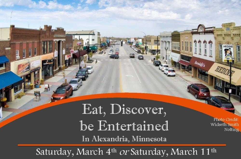 A view of a small-town main street lined with shops and cars in Alexandria, Minnesota, with text promoting local events featuring Dinner specials and Entertainment on Saturday, March 4th or Saturday, March 11th.