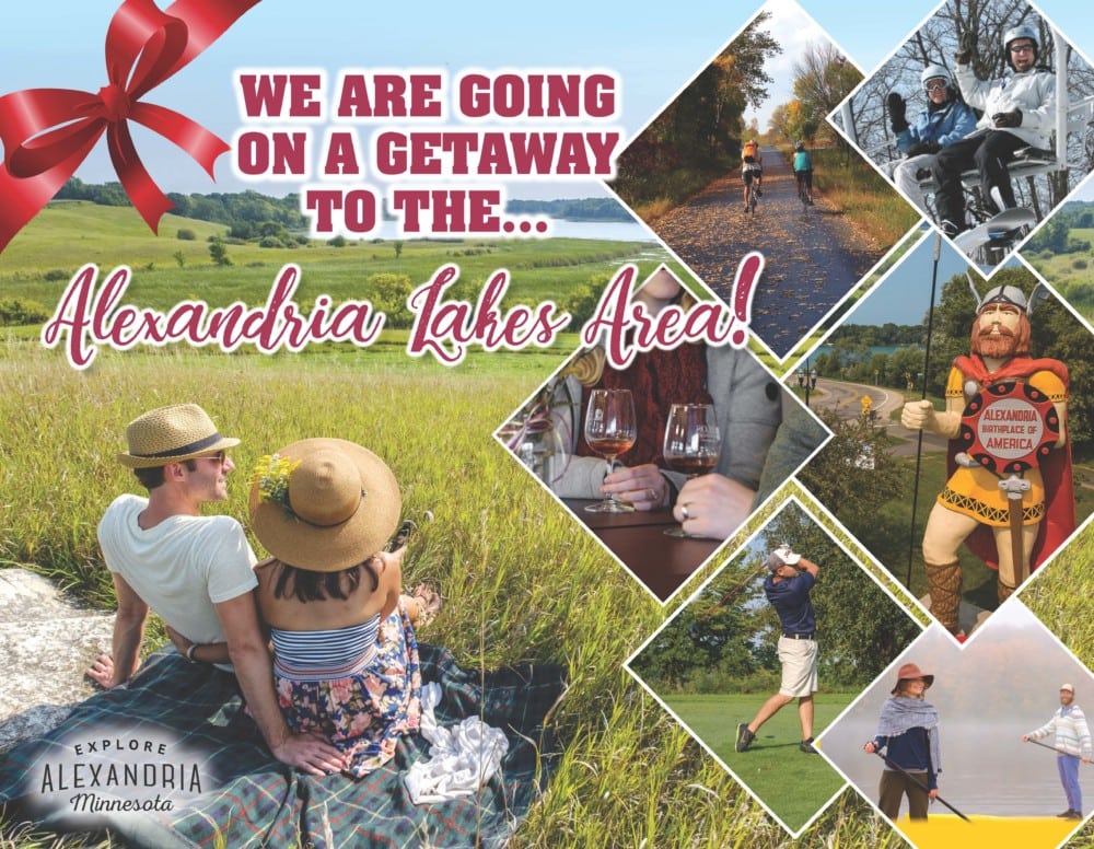 A collage promoting Alexandria Lakes Area, Minnesota, featuring people biking, hiking, golfing, wine tasting, relaxing in a meadow, and a Viking statue—inviting you to give the Gift of Memories this Holiday Season: "We are going on a getaway to the Alexandria Lakes Area!.