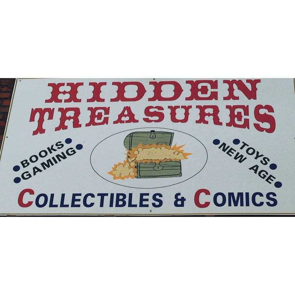 A sign reads "Hidden Treasures Collectibles" above an illustration of an open treasure chest, advertising books, gaming, toys, new age items, collectibles, and comics in bold red and blue lettering.