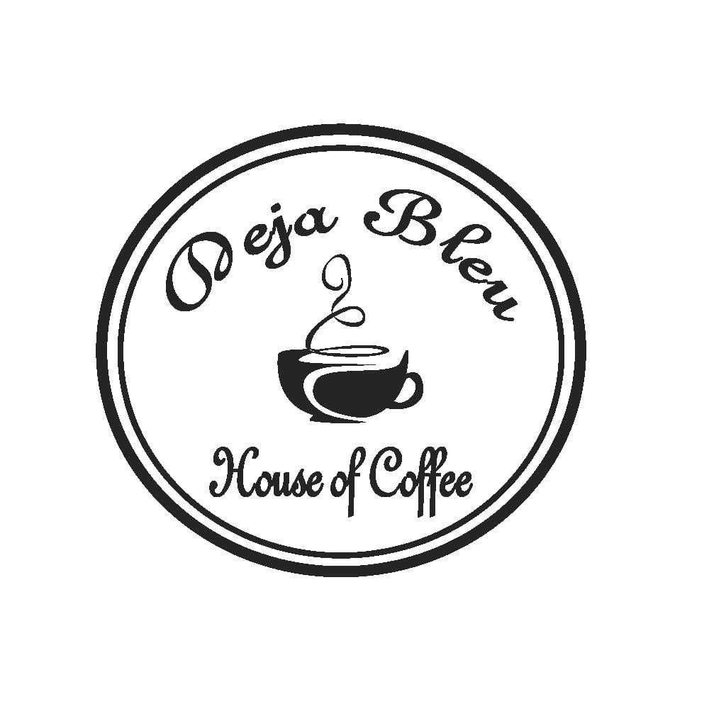 Circular logo with the text "Deja Bleu Coffee House" surrounding a steaming coffee cup illustration in the center, all in black and white.