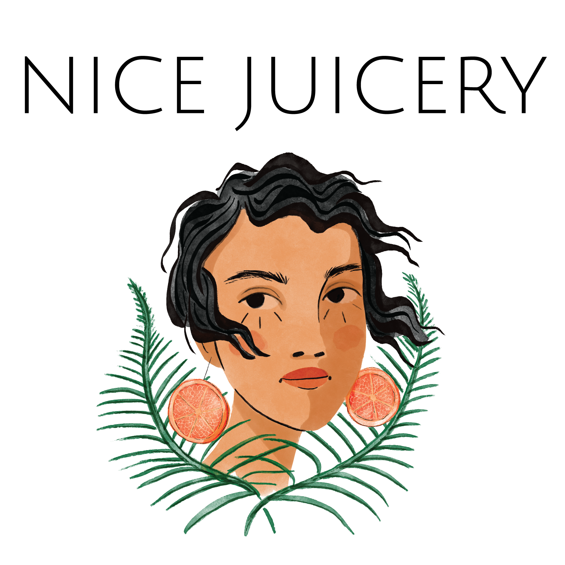 Illustration of a woman with wavy black hair, orange blush, and large orange slice earrings, framed by green palm leaves—a vibrant vibe perfect for Nice Juicery.