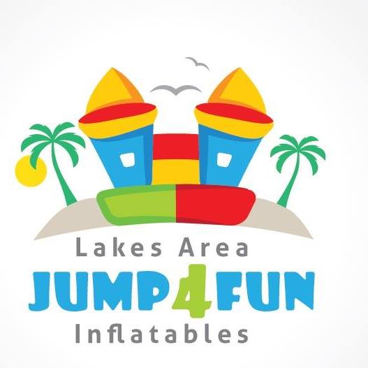 Logo for "Lakes Area Jump 4 Fun Inflatables" features a colorful inflatable castle, two palm trees, a yellow sun, and birds in the sky. The text appears below the castle, perfect for an indoor park or outdoor fun in the Lakes Area.