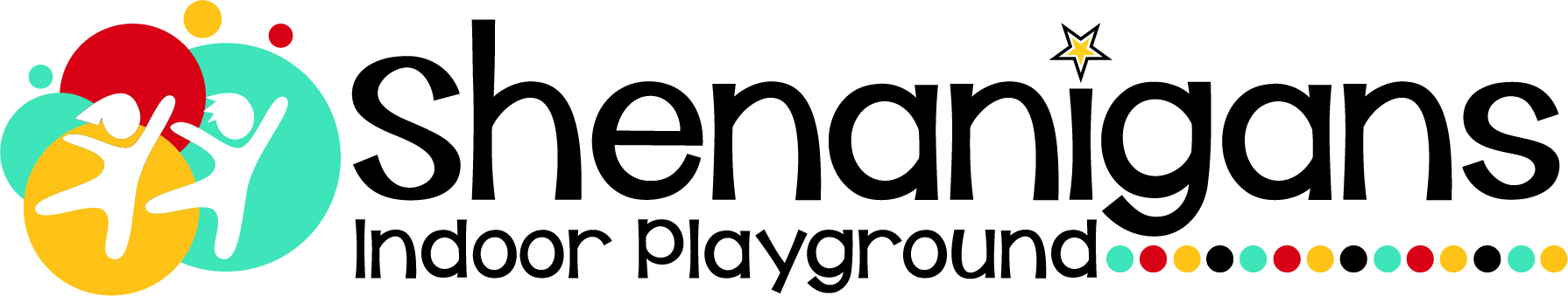 Logo for Shenanigans Indoor Playground. The word "Shenanigans" is large with a yellow star above the "i." Two playful white figures are inside overlapping red, yellow, and teal circles, capturing the fun of an indoor playground. Colorful dots line the bottom.