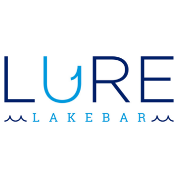 Logo for "Lure Lakebar" features "LURE" in blue with the letter "U" shaped like a fish hook. Below, "LAKE BAR" appears in light blue, flanked by small wave designs on each side.