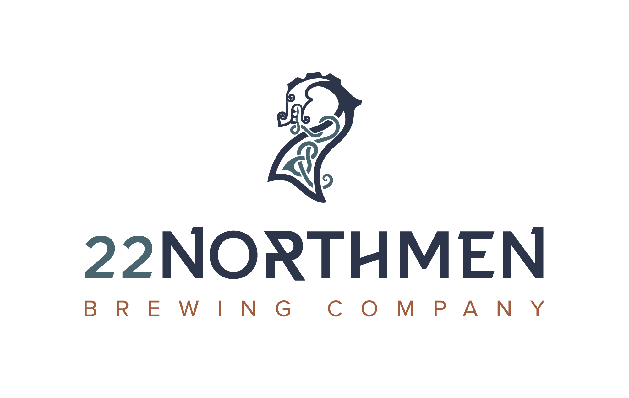 Logo for 22 Northmen Brewing Company featuring a stylized Viking helmet above the company name, with "22NORTHMEN" in bold blue letters and "BREWERY COMPANY" in smaller, brown letters below—a design sure to stoke excitement for any brewery or winery enthusiast.