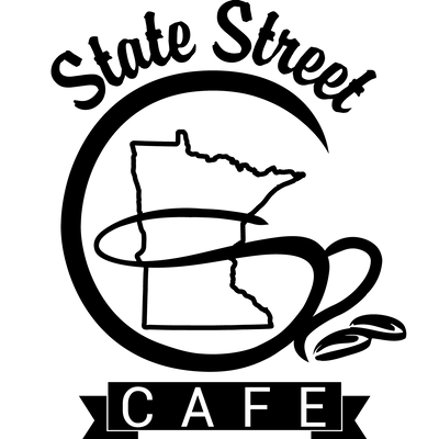 A black coffee cup with steam rising, forming the shape of a cat, above the words "State Street Cafe" in white capital letters on a black background.