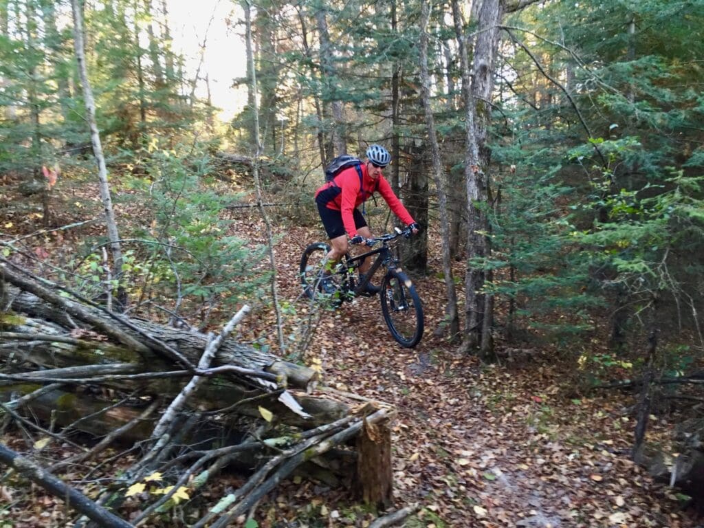 A person wearing a red jacket and helmet rides a mountain bike along a narrow, leaf-covered trail through a dense, wooded forest in the Lakes Area—an ideal spot for socially distant summer activities. Fallen branches line the left side of the path.