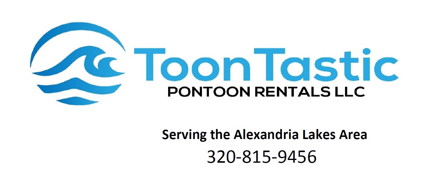 Logo for Toon Tastic Pontoon Rentals featuring a wave design, with text stating "Serving the Alexandria Lakes Area" and contact number 320-815-9456.