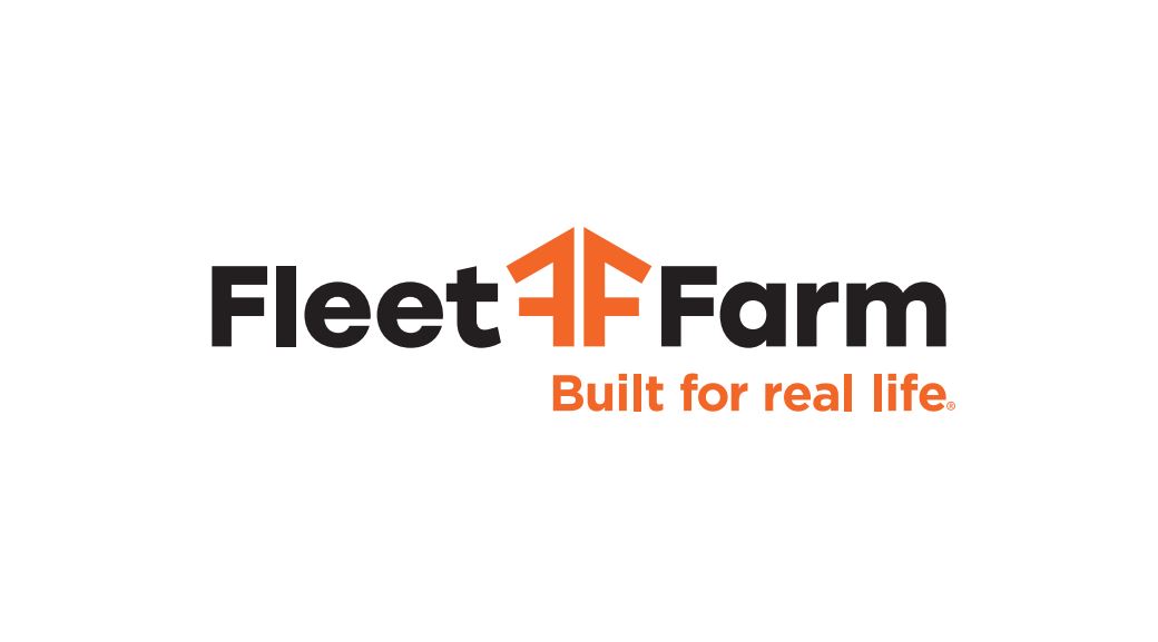 Fleet Farm logo with bold black text and an orange geometric symbol resembling two letter Fs, paired with the tagline “Built for real life.” in orange beneath "Farm," all set against a clean white background.