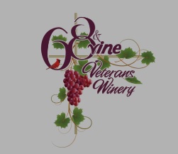 Logo of 68 & Vine Veterans Winery featuring grapevines, a bunch of red grapes, green leaves, and a small red bird perched on the number 6.