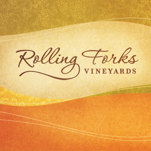 Textured background with green, yellow, and orange hues. Elegant script reads "Rolling Forks" and block letters below read "Vineyards." Subtle floral patterns and wavy lines accent the Rolling Forks Vineyards design.