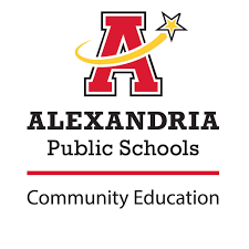 Logo for Alexandria Community Education Performing Arts. Features a large red letter "A" with a yellow swoosh and star, and black text reading "ALEXANDRIA Public Schools" above "Community Education.