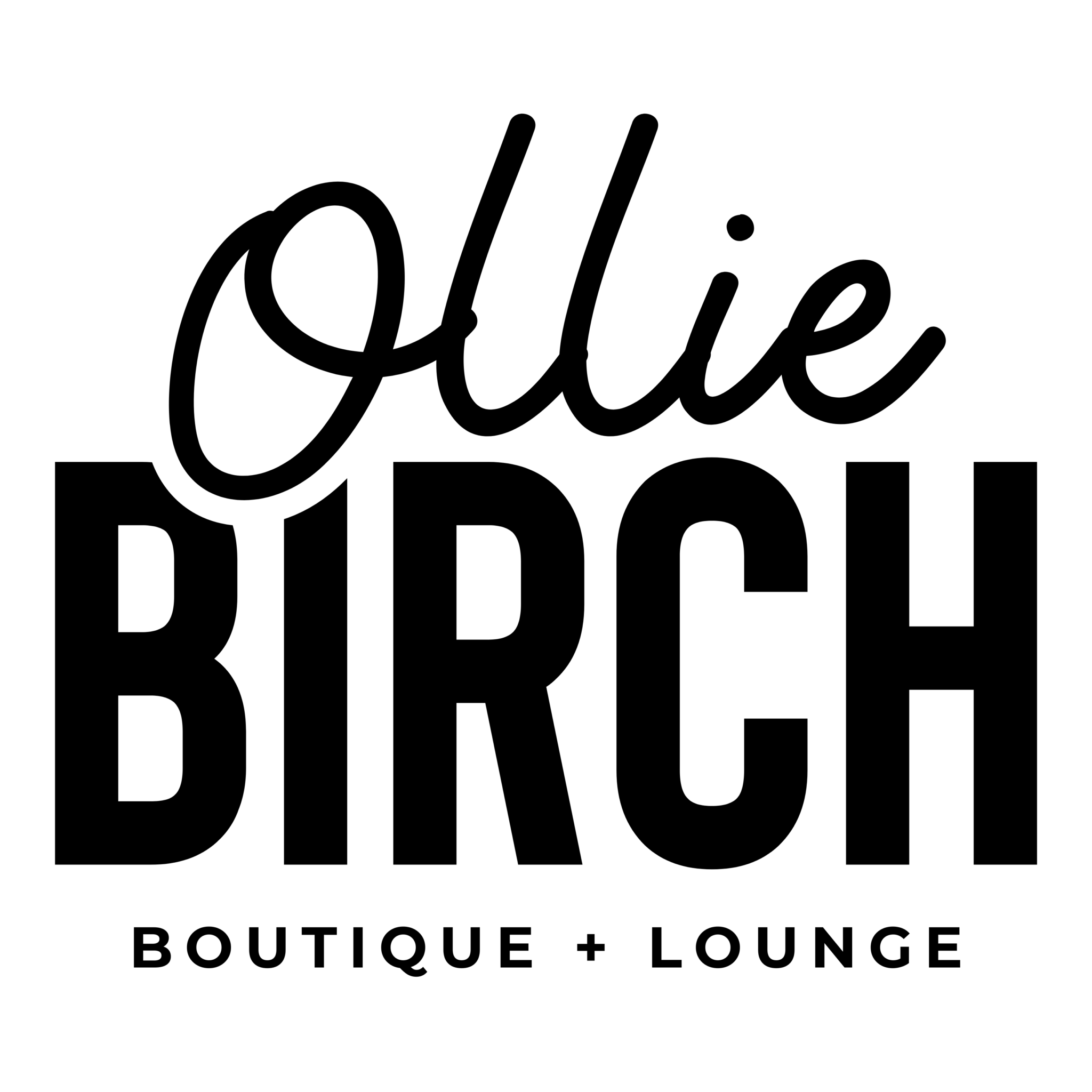 The word "Ollie" is written in bold, white, cursive letters with a black outline on a transparent background, capturing the chic and modern vibe of Ollie Birch Boutique + Lounge.