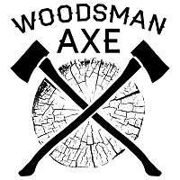 Logo with the words “Woodsman Axe” above two crossed axes in front of a tree stump with visible growth rings and cracks, reflecting a family friendly axe throwing vibe.