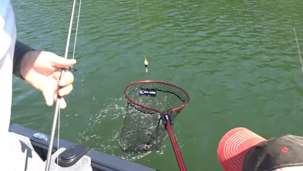 A person in a red cap holds a fishing net above the water next to a boat, while another uses a rod with slip-bobbers, the float dangling just above the water’s surface.