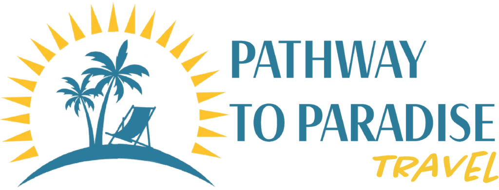 Logo for "Pathway to Paradise Travel" featuring palm trees, a beach chair, and yellow sun rays above a blue hill—perfect for planning your Lake Latoka Family Retreat—with the company name in blue and "Travel" in yellow text on the right.