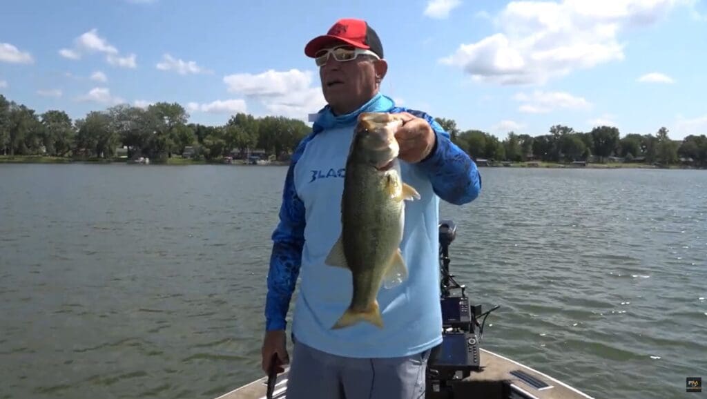 A man in a blue fishing shirt and red cap stands on a boat holding a large minnesota bass, with a lake and trees in the background under a partly cloudy sky—an ideal scene for fishing the midwest.