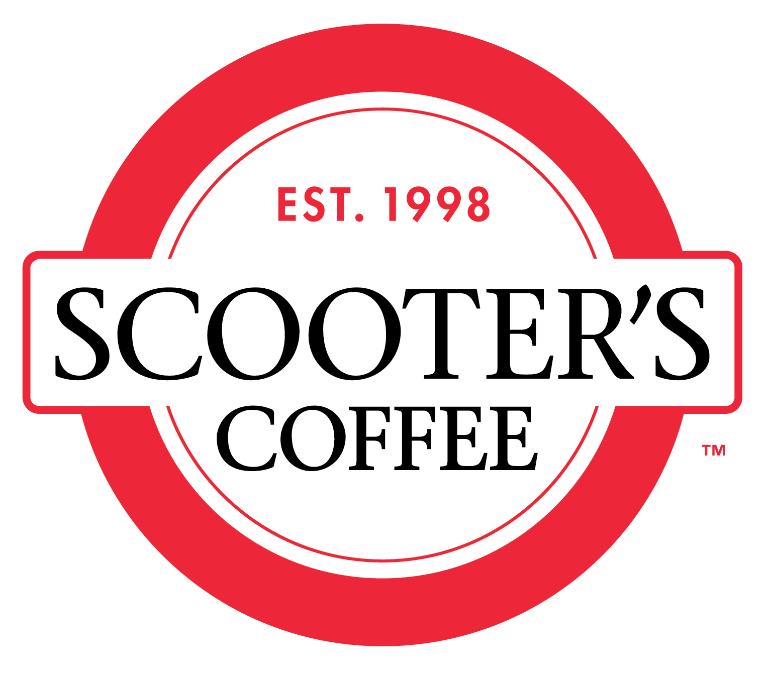 Scooter’s Coffee logo with a red circular border, the words "EST. 1998" at the top, and "SCOOTER'S COFFEE" in bold black text centered inside the circle, reflecting Scooter's Coffee’s signature branding.