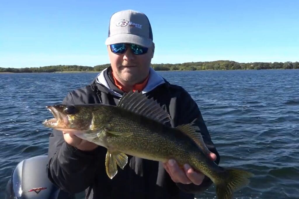 A person wearing a cap and sunglasses holds a large fish on a boat, enjoying some fall fishing on a lake with a tree-lined shore in the background under a clear blue sky.