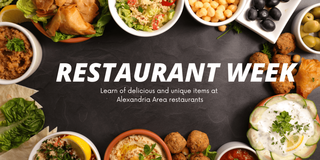 A variety of colorful dishes surround the words "Alexandria Restaurant Week—Learn of delicious and unique items at Alexandria Area restaurants" on a dark background.