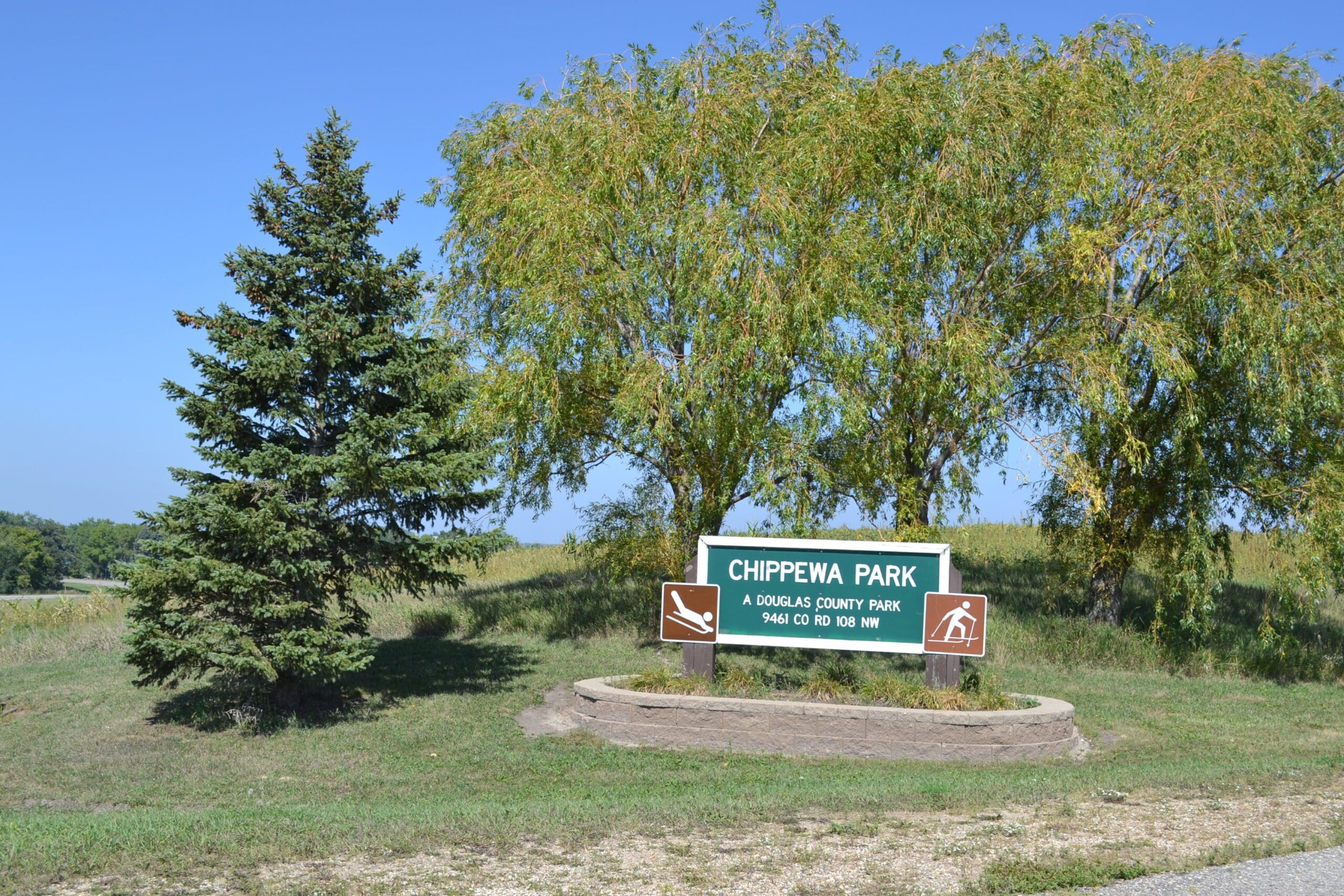A green sign for Chippewa Park in Minnesota stands on a grassy area beside a pine and a large leafy tree under a clear blue sky. The sign includes icons for boating, swimming, and camping.
