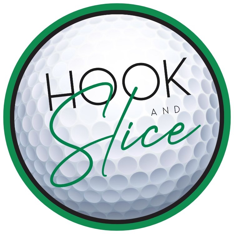 A golf ball features the text "HOOK AND Slice"—with "HOOK AND" in black and "Slice" in green script—encircled by a green and black border, perfectly representing the classic Hook and Slice theme.