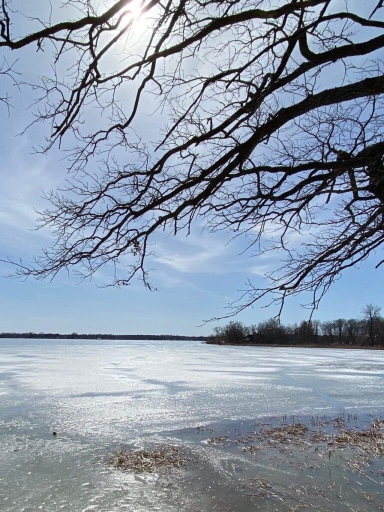 Sunlight shines through bare tree branches over a frozen lake, with patches of ice and distant trees on the horizon beneath a clear blue sky—an inviting scene to Explore Outdoors as hints of Spring approach.