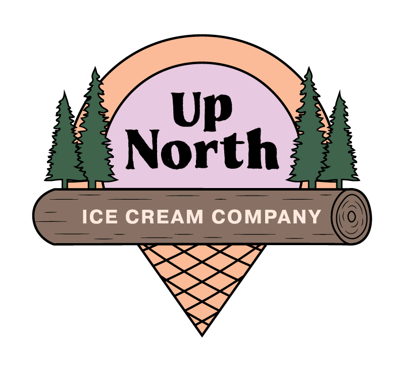 Logo for Up North Ice Cream Company features “Up North” above a log labeled “Ice Cream Company,” surrounded by pine trees. The log rests on a waffle cone, with a pink and purple sunrise or sunset in the background.