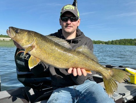 A person wearing sunglasses and a green cap holds a large summer walleye catch on a boat, with blue water and a green tree-lined shore in the background under a clear sky.