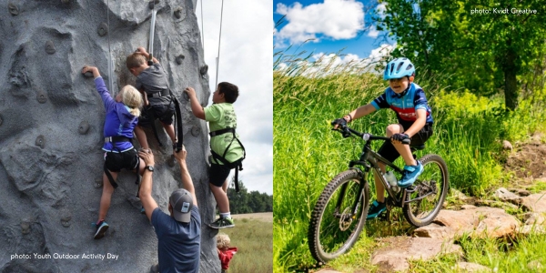 All About Youth: Children climb a rock wall with adult supervision on the left, while a child wearing a helmet rides a mountain bike on a rocky trail through grass and trees on the right.