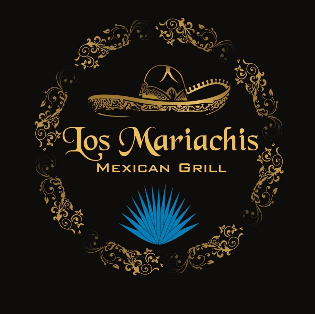 Logo for Los Mariachis Mexican Grill, featuring a gold ornate circular border, a decorated sombrero at the top, the Los Mariachis Mexican Grill name in gold text, and a blue agave plant at the bottom on a black background.