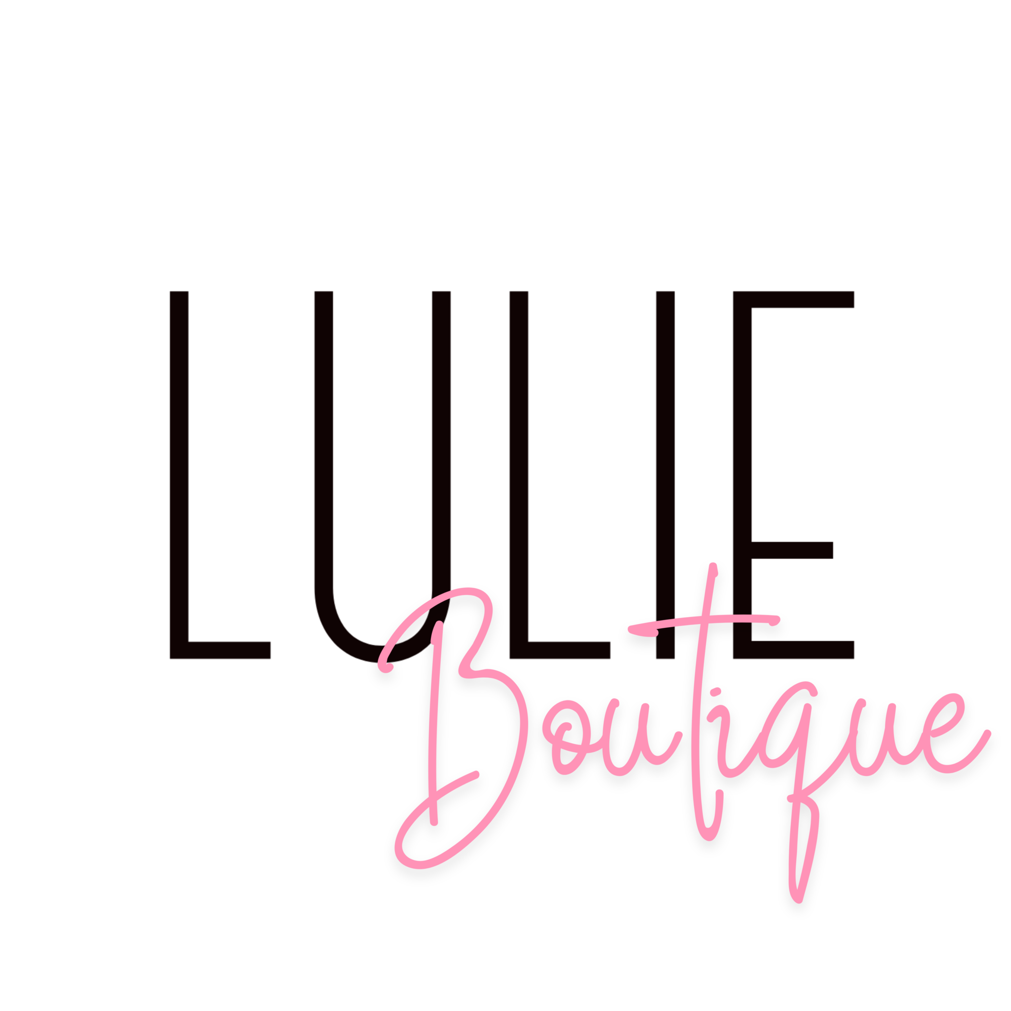 The image features the text "LULIE" in bold black capital letters, with "Boutique" in a flowing pink script overlaying the bottom right corner, perfectly representing the chic style of Lulie Boutique against a white background.