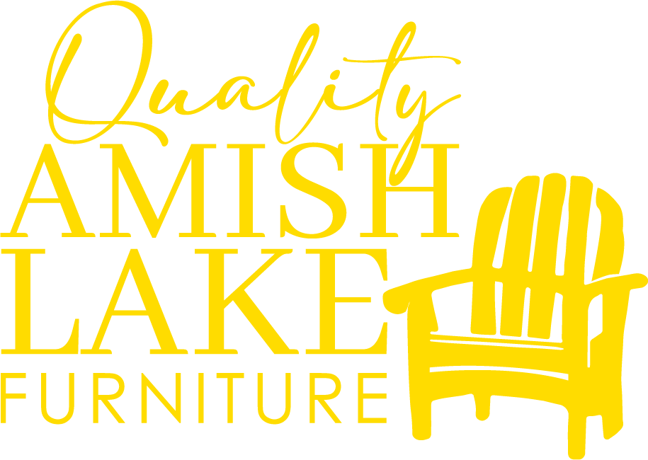 Yellow logo with the words “Quality Amish Lake Furniture” in stylized fonts, showcasing the outline of an Adirondack chair on the right side, perfectly reflecting the craftsmanship behind Quality Amish Lake Furniture.