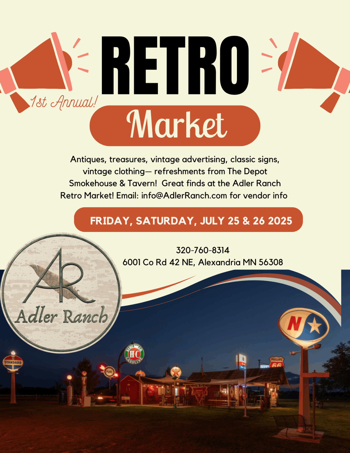 Retro Market flyer features vintage gas station signs at dusk, event details, and the Adler Ranch logo. Join us July 25 & 26, 2025 in Alexandria, MN for antiques, collectibles, and refreshments.