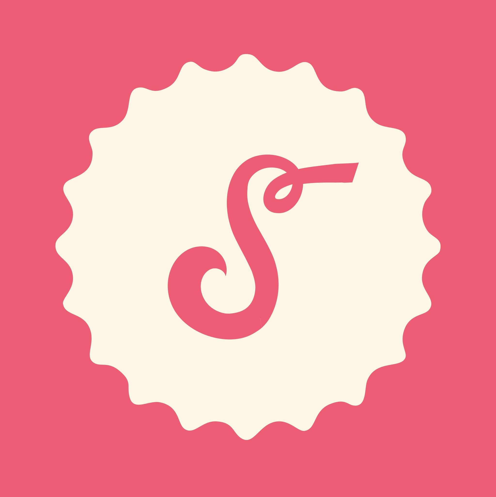 A scalloped cream-colored circle with a pink, stylized letter "S" in the center evokes the charm of Schmidty's Soda Shop, set against a playful pink background.