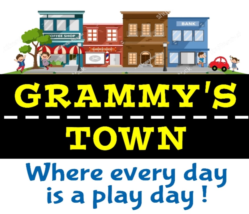 Illustration of a colorful town street with shops and children playing at Grammy's Town. Bold yellow text reads "GRAMMY'S TOWN" and blue text below says "Where every day is a play day—your indoor playground adventure awaits!.