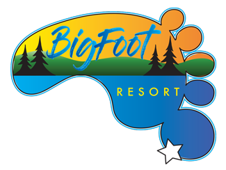 Logo shaped like a large foot with a sunset, evergreen trees, and water inside. "Big Foot Resort Campground" is displayed, with a white star near the big toe area.
