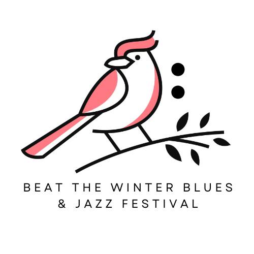 Minimalist illustration of a red and white cardinal bird on a branch, with text below reading “Beat the Winter Blues & Annual Jazz Fest.”.