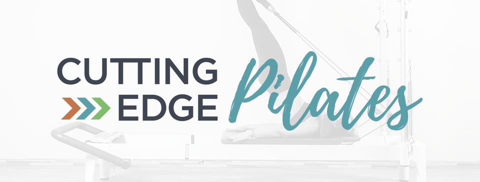 Logo for "Cutting Edge Pilates" featuring bold text and colorful chevron arrows, layered over a faint image of someone practicing Pilates on a reformer machine in the background.